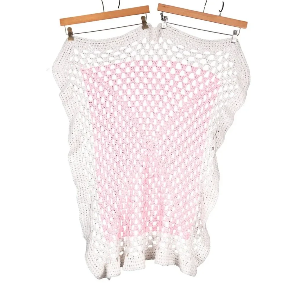 Handmade Crochet Baby Blanket Pink White Soft Open Knit Nursery Decor